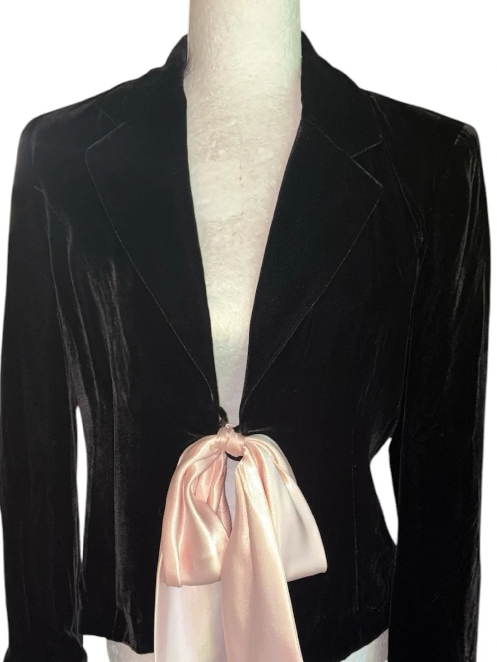 Ideology Black Silk Blend Velvet Blush Pink Bow Tie Y2K Blazer - 4